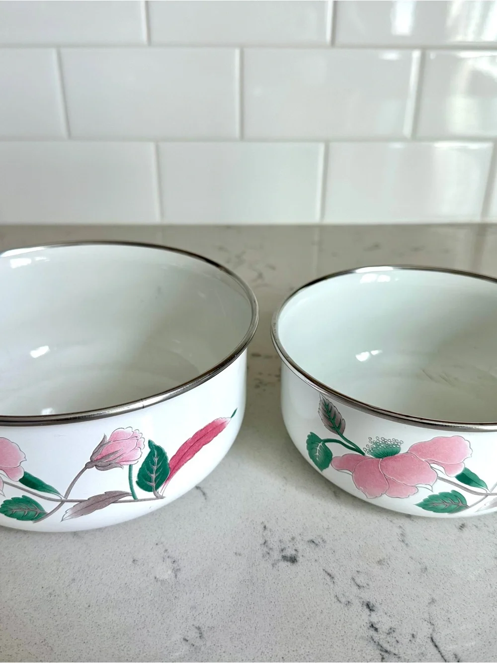 Vintage Mikasa Metal Bowls Set of 2 | Pink Floral Enamel Bowls